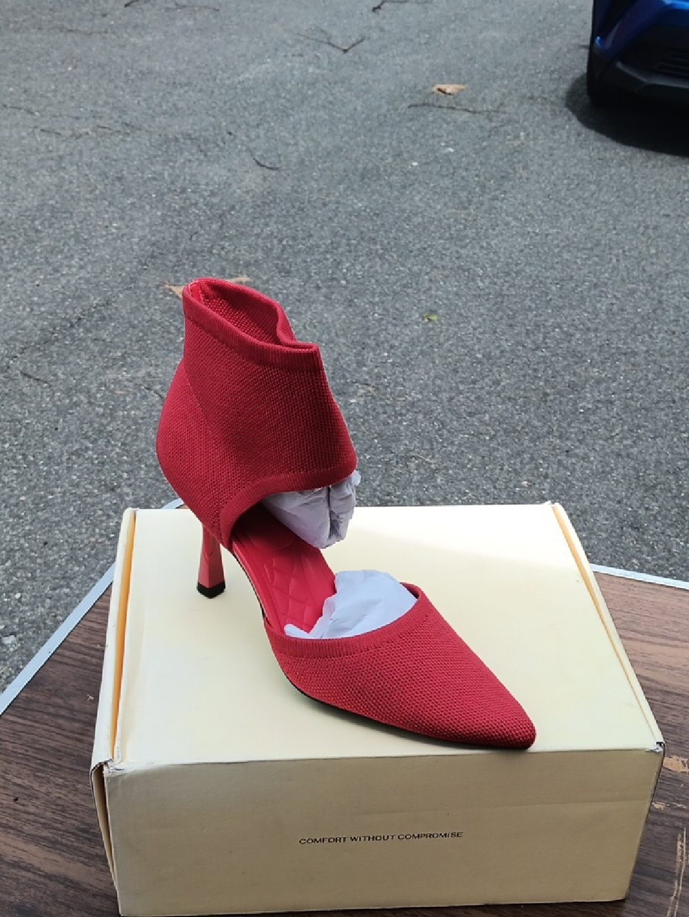 Red Pointed Sock-Heel Pump with Ankle Cuff